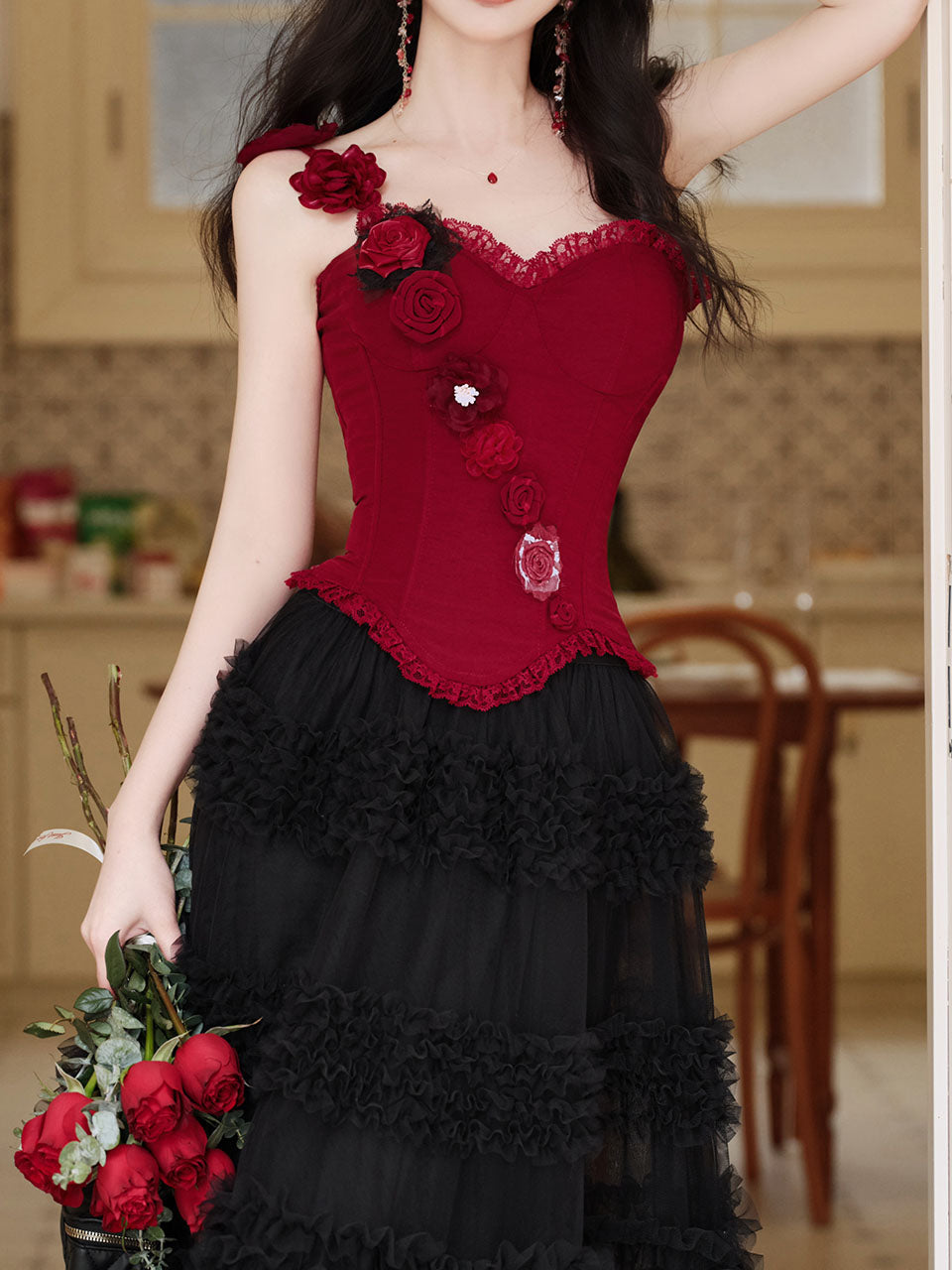 Gothic Red Corset Tiered Tulle Maxi Dress  Rose Asymmetric Ruffle Dark Romantic Party Gown