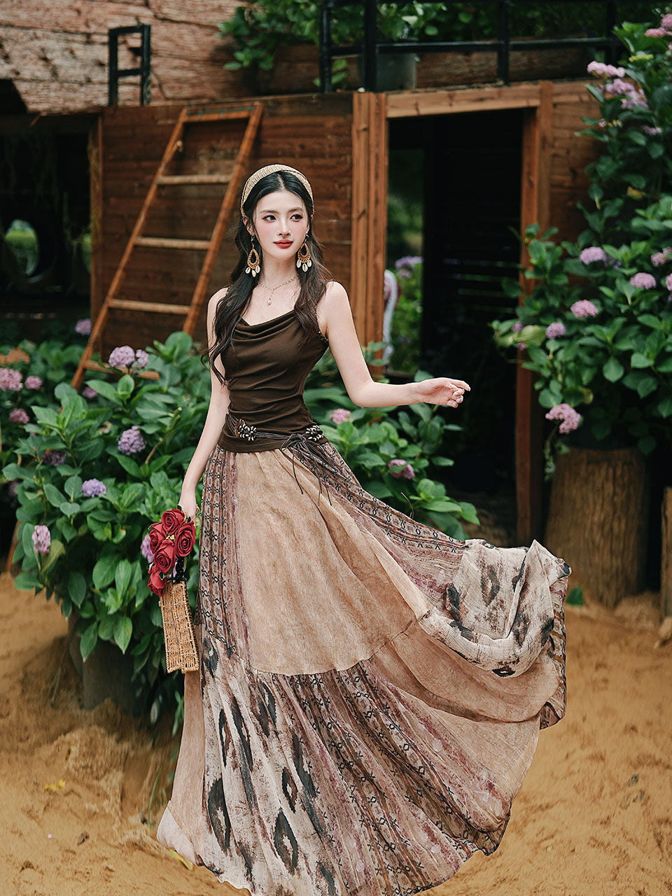 Vintage Boho Patchwork Maxi Skirt - Flowy A-Line Tiered Long Skirt for Women