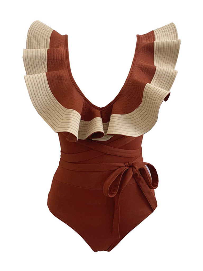 Sailor Style Deep V Neck Ruffles Vintage One Piece Swimwear
