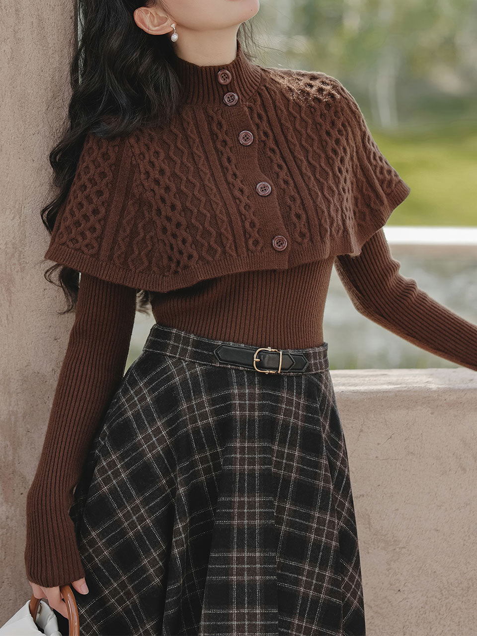 3PS Brown Bow Knitted Sweater Top Cape
