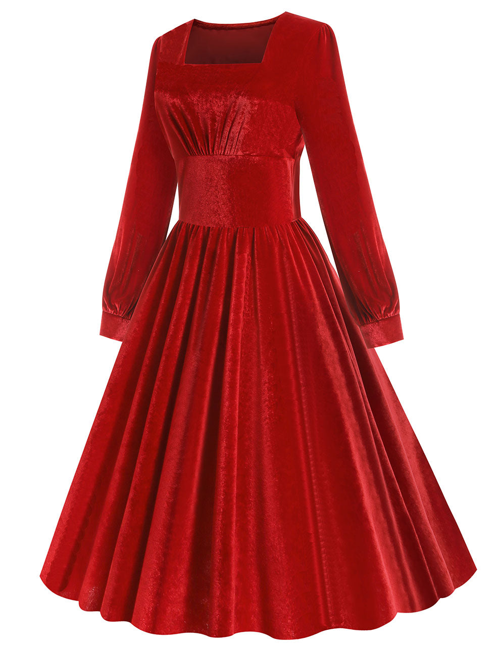 Christmas Green Square Collar Long Sleeve Velvet 1950S Vintage Swing Dress
