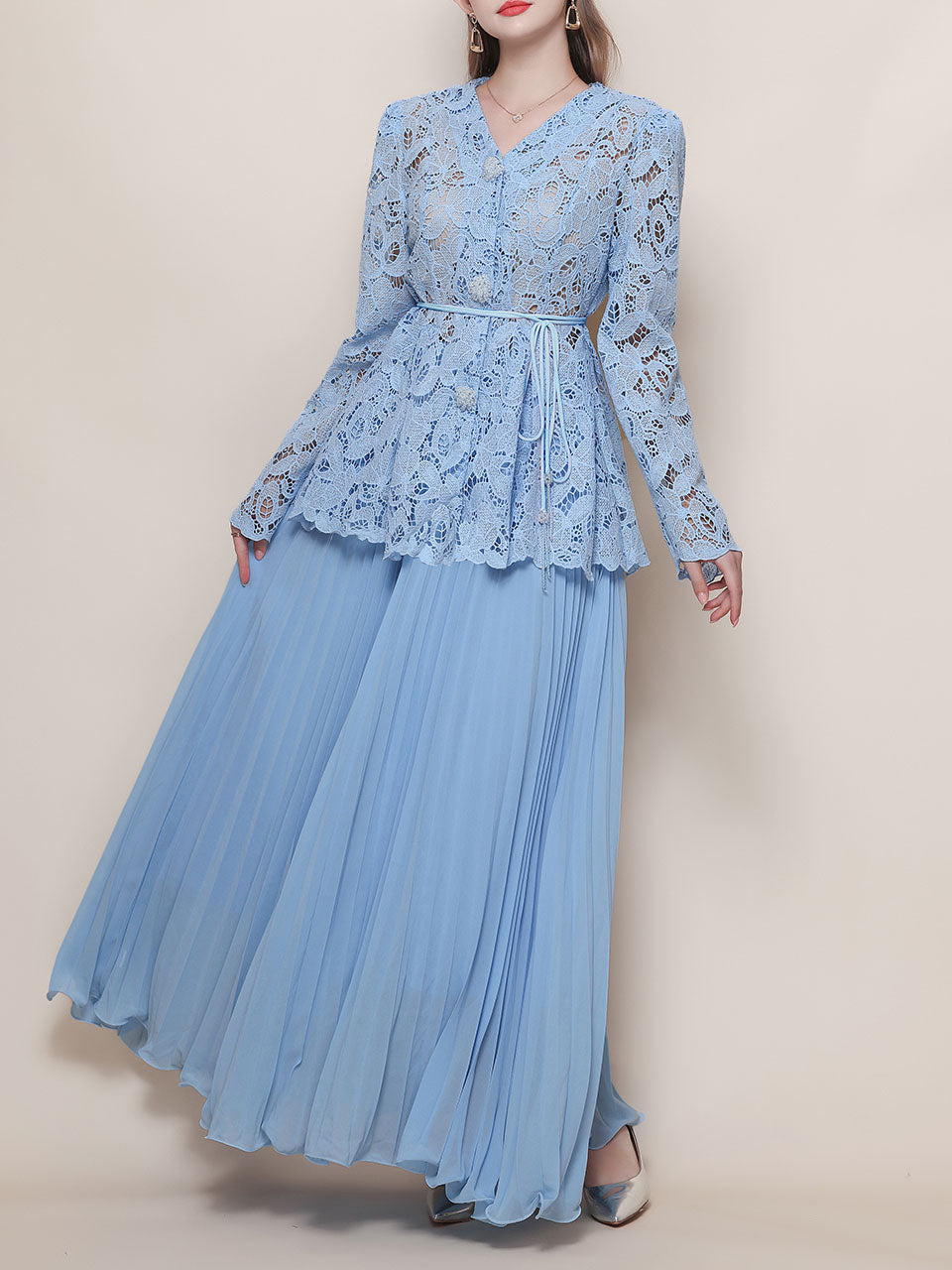 Baby Blue V Neck Long-Sleeve Lace Blouse