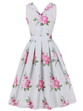 White Rose Flower V Neck 1950S Vintage Swing Dress
