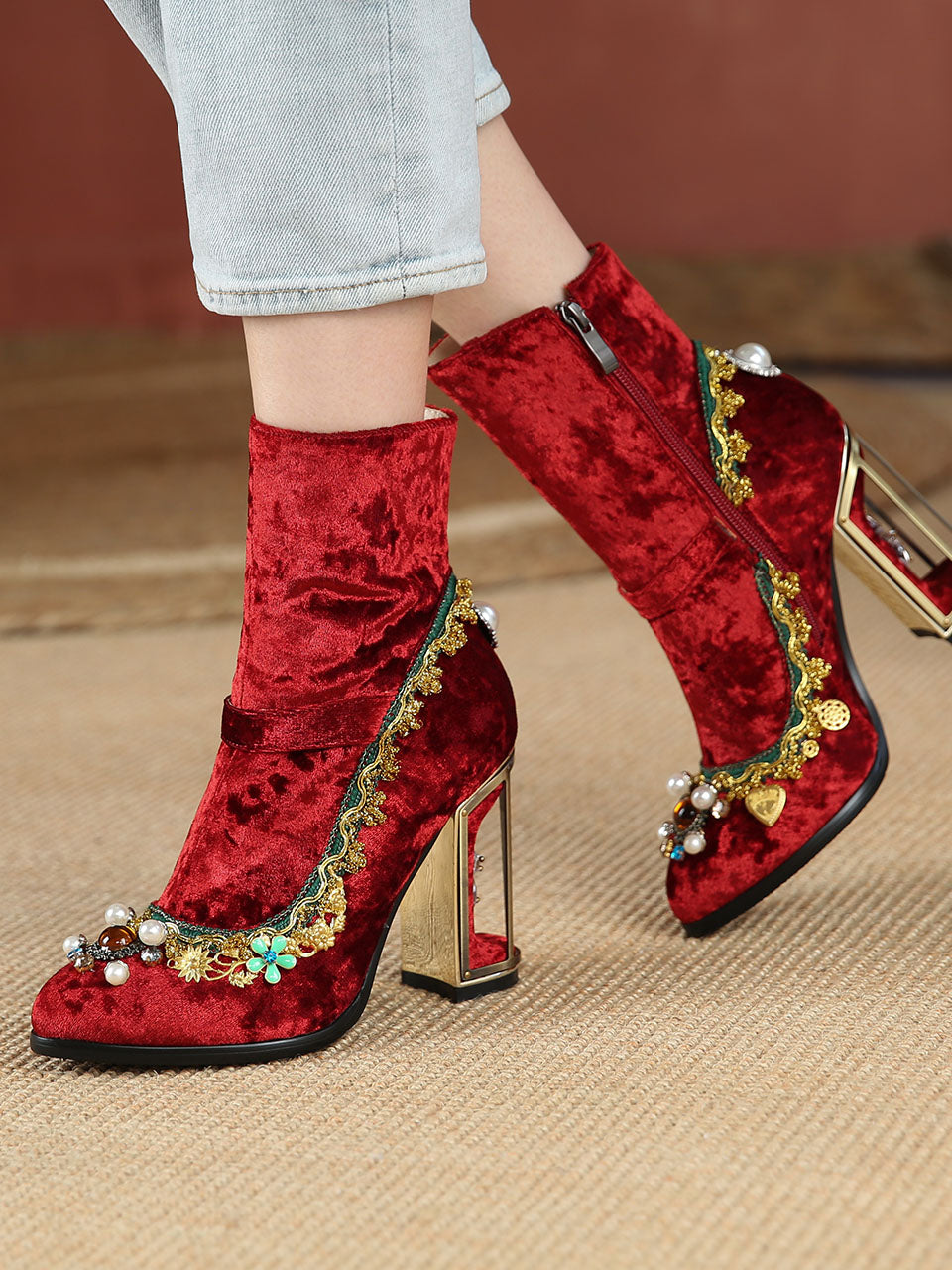 10CM Luxury Velvet Chunky High Heel Bootie Vintage Shoes