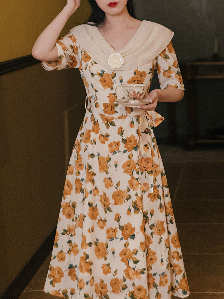 Orange Rose Print Off Shoulder Short Sleeves 50S Chiffon Dress