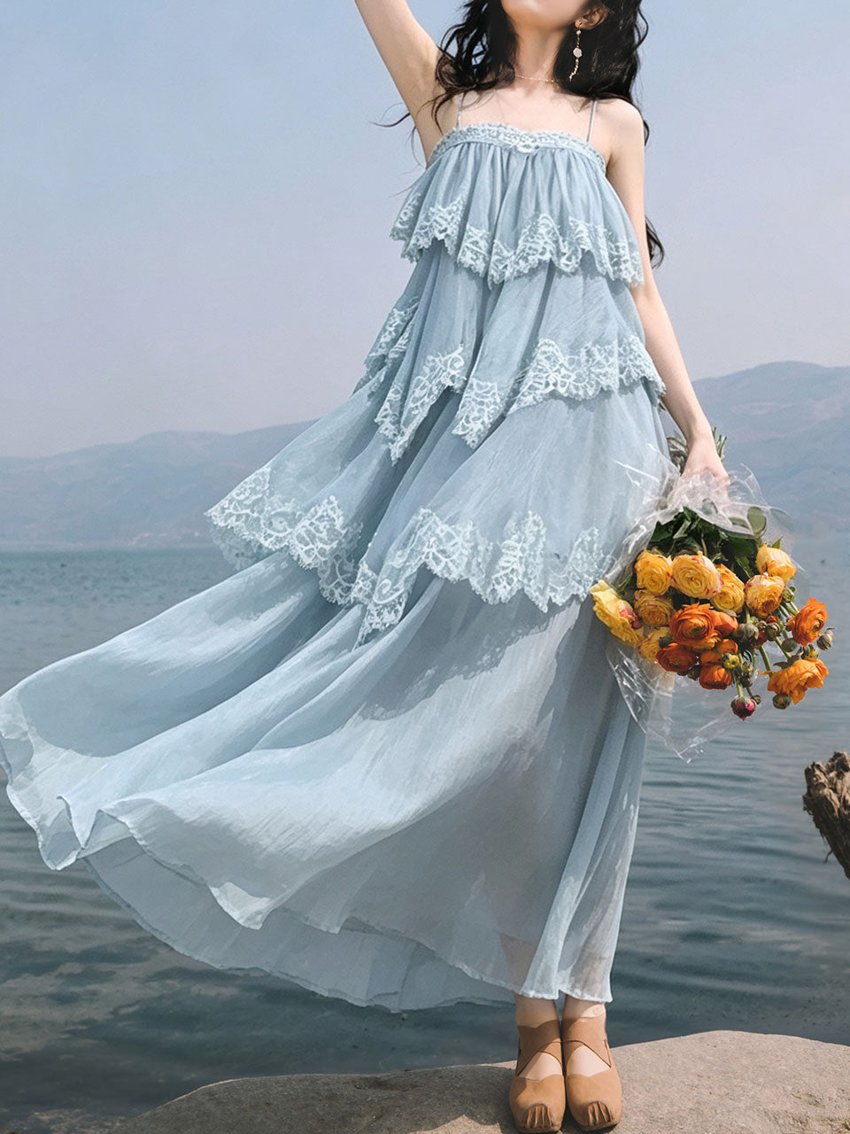 Blue Lace Spaghetti Strap Irregular Tiered Maxi Dress