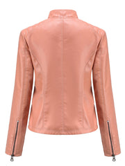 Pink Long Sleeve PU Leather Motorcycle Jacket For Women