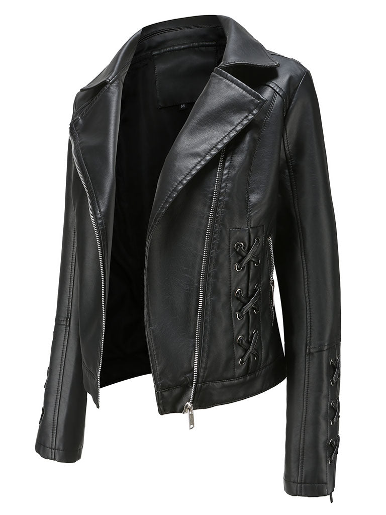 Black Weave Long Sleeve PU Leather Motorcycle Jacket