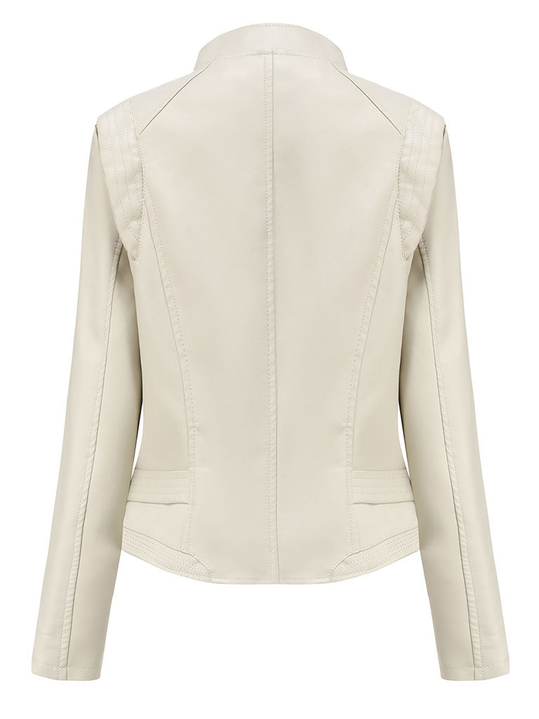 Navy Long Sleeve PU Leather Motorcycle Jacket