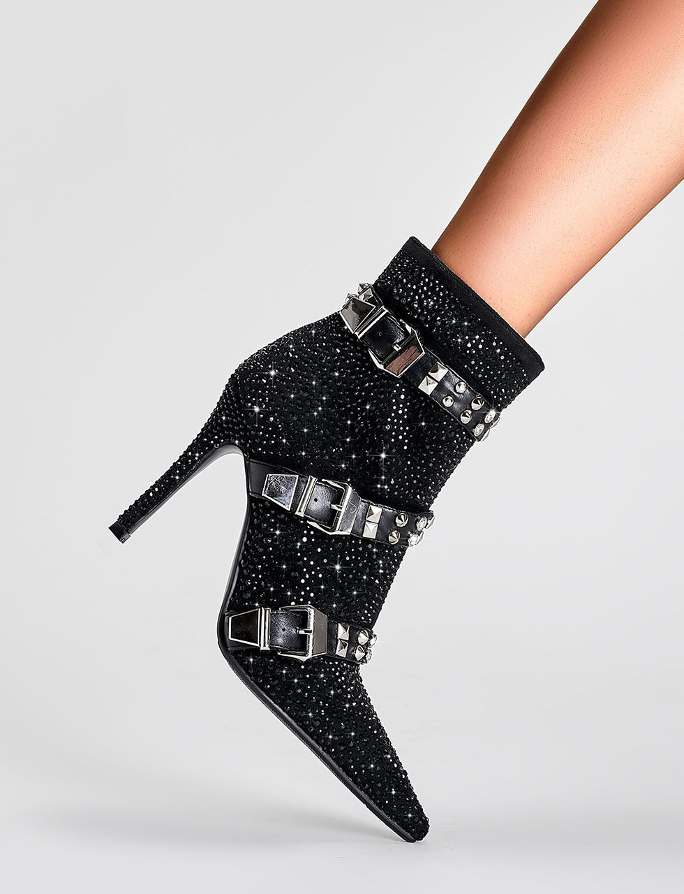 Black High Heel Pointed Toes Luxury Flower Bling Rhinestone Bootie Shoes
