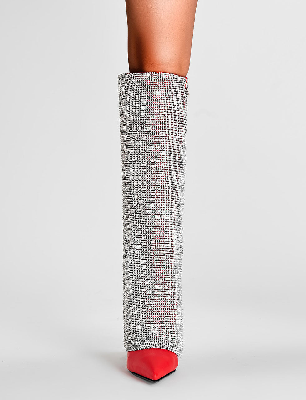 Red High Heel Pointed Toes Luxury Bling Rhinestone Trouser Boots Shoes