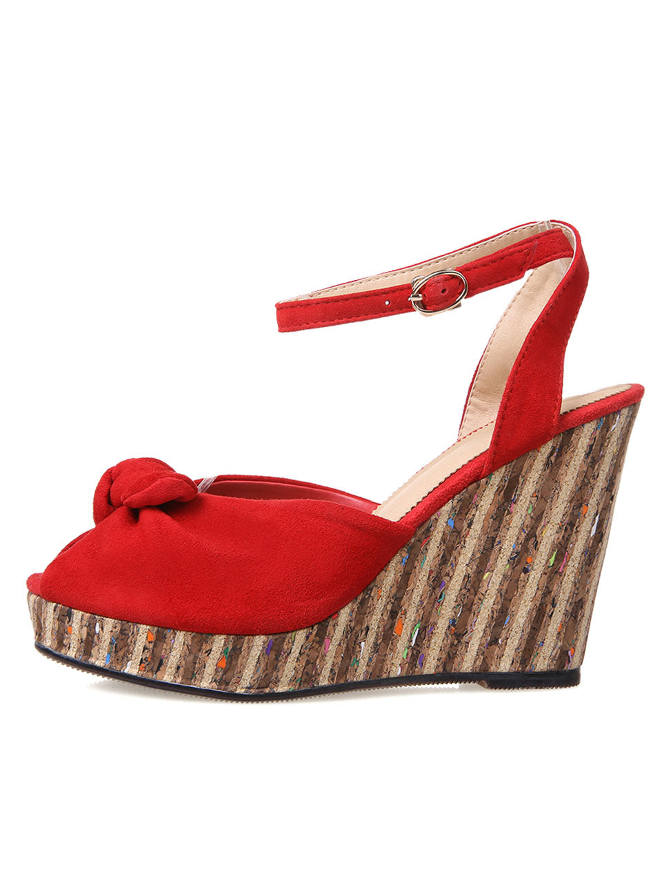 Open Toe Bow Wedge Heel Sandals Leather Vintage Shoes