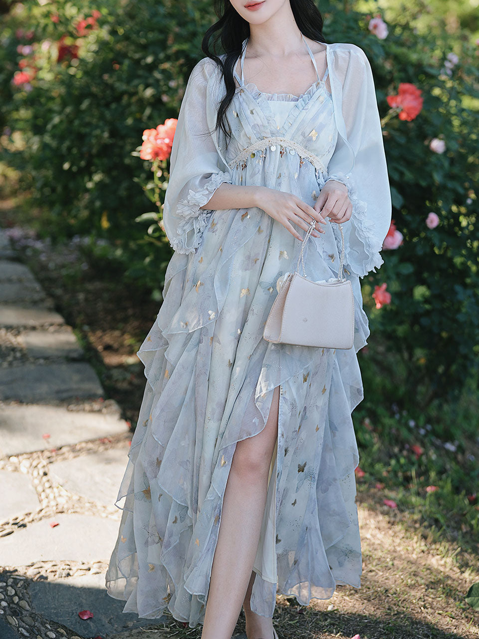 Fairycore Butterfly Maxi Dress Glitter Ruffle Halter Prom Gown