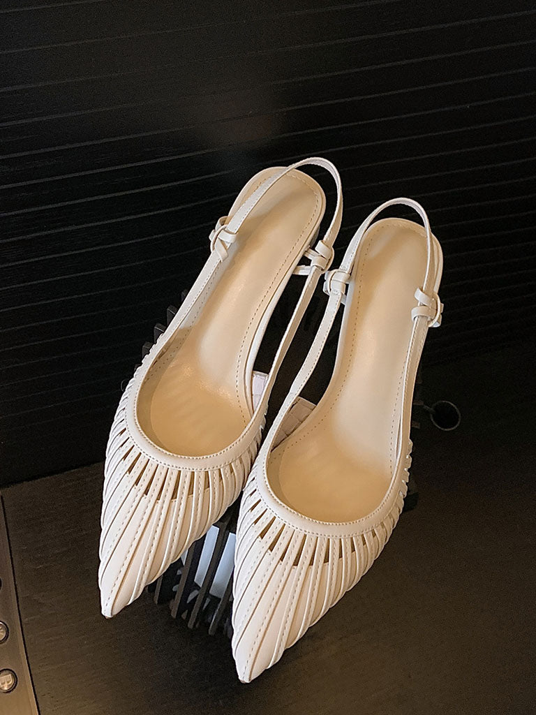Ball Heel Sandals Pointed Toe Hollow Belt Leather Vintage Shoes