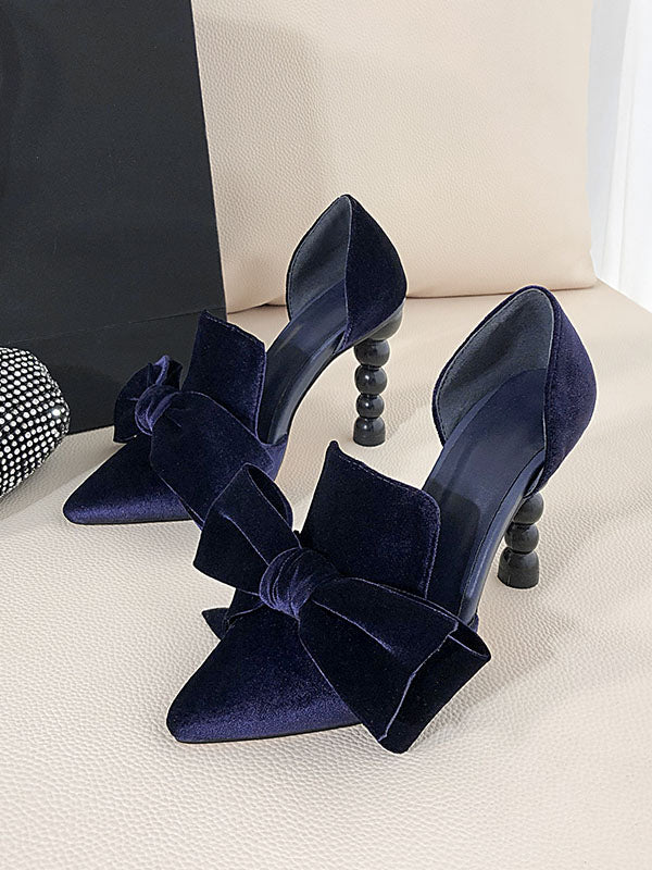 Big Bow Velvet Cylindrical Heel Pointed Toe Vintage Shoes