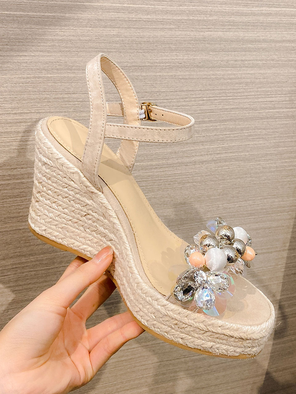 Open Toe Bow Wedge Heel Rhinestones Sandals Leather Vintage Shoes