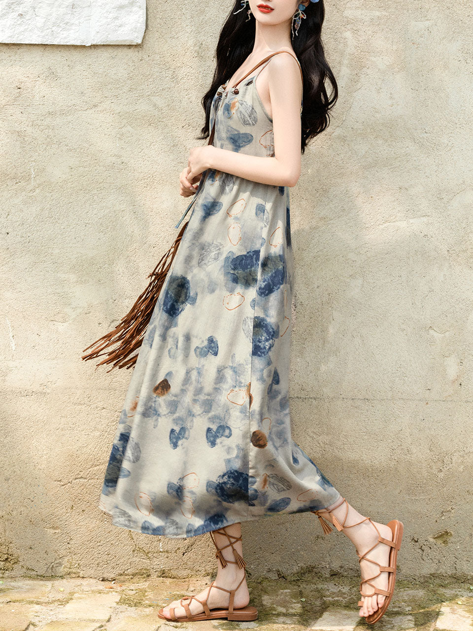 2PS Blue Spaghetti Strap Tropical Pattern Holiday  Dress