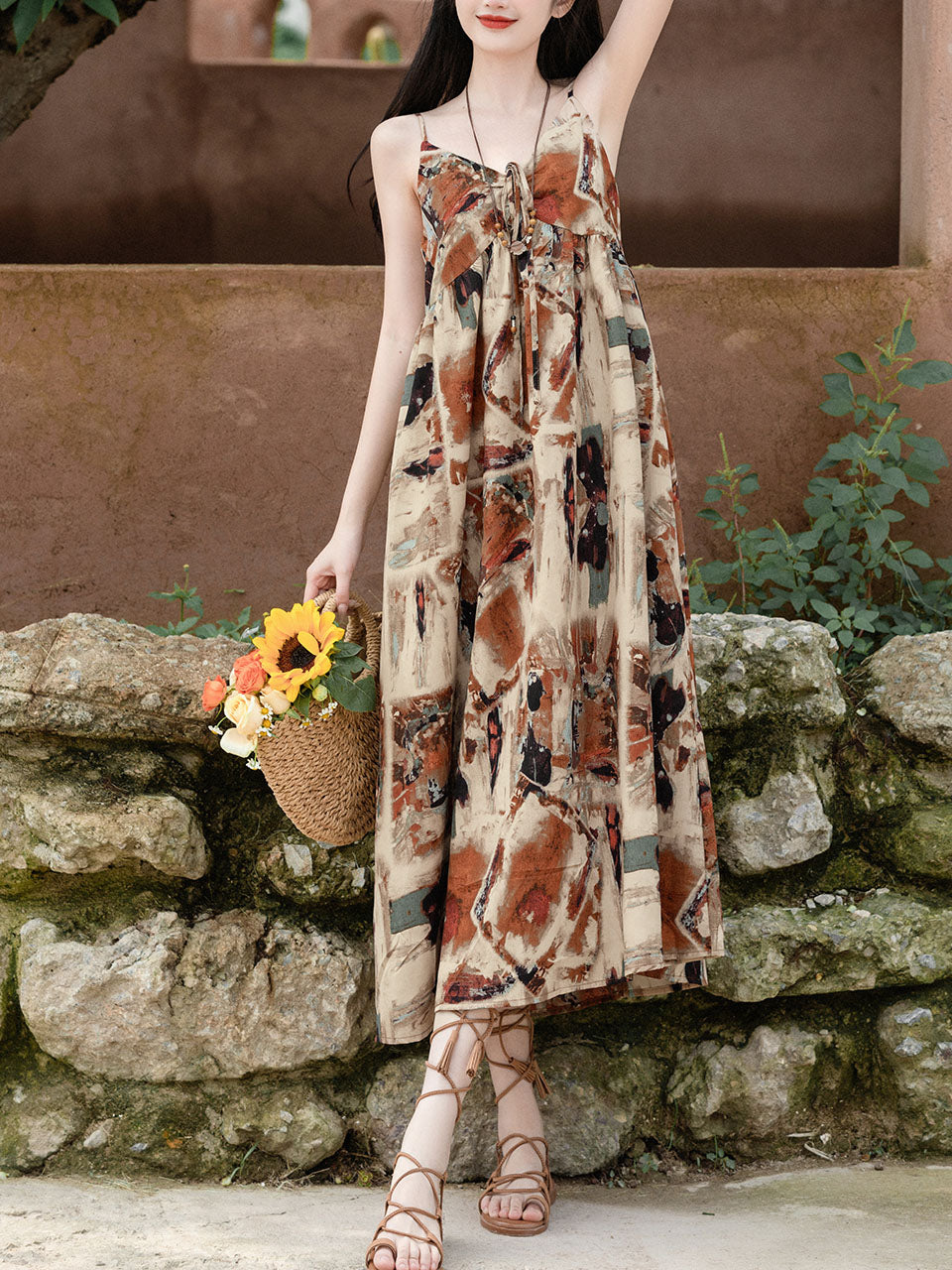 2PS Brown Spaghetti Strap Tropical Pattern Holiday  Dress