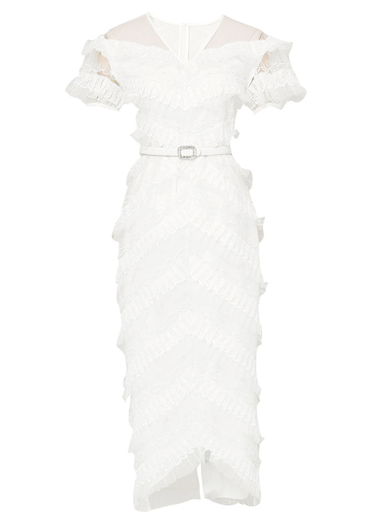 White Romantic Wedding Ruffles V-Neck Sequin Lace Irregular Hem Dress