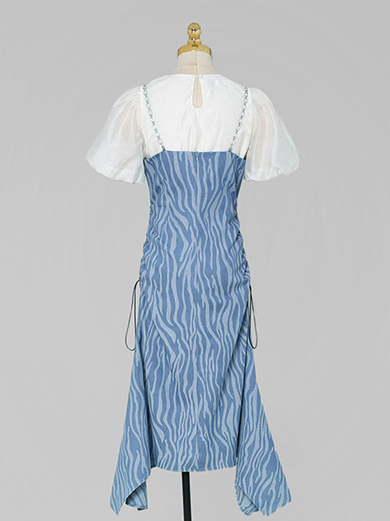 2PS White 1950S Vintage Classic Top And Spaghetti Strap Denim Swing Dress Suit
