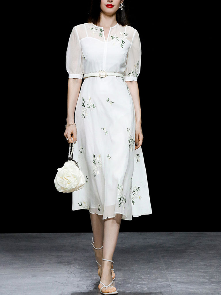 White V Neck Puff Sleeves Embroidered Organza Vintage Dress