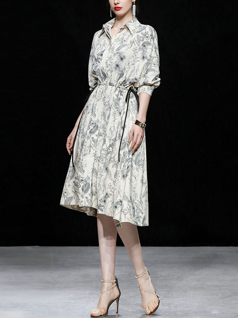 Apricot Doll Sleeves Nipped Waist Slim Print Shirt Dress