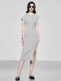 Striped Crew Neck Slit Casual Bodycon Dress
