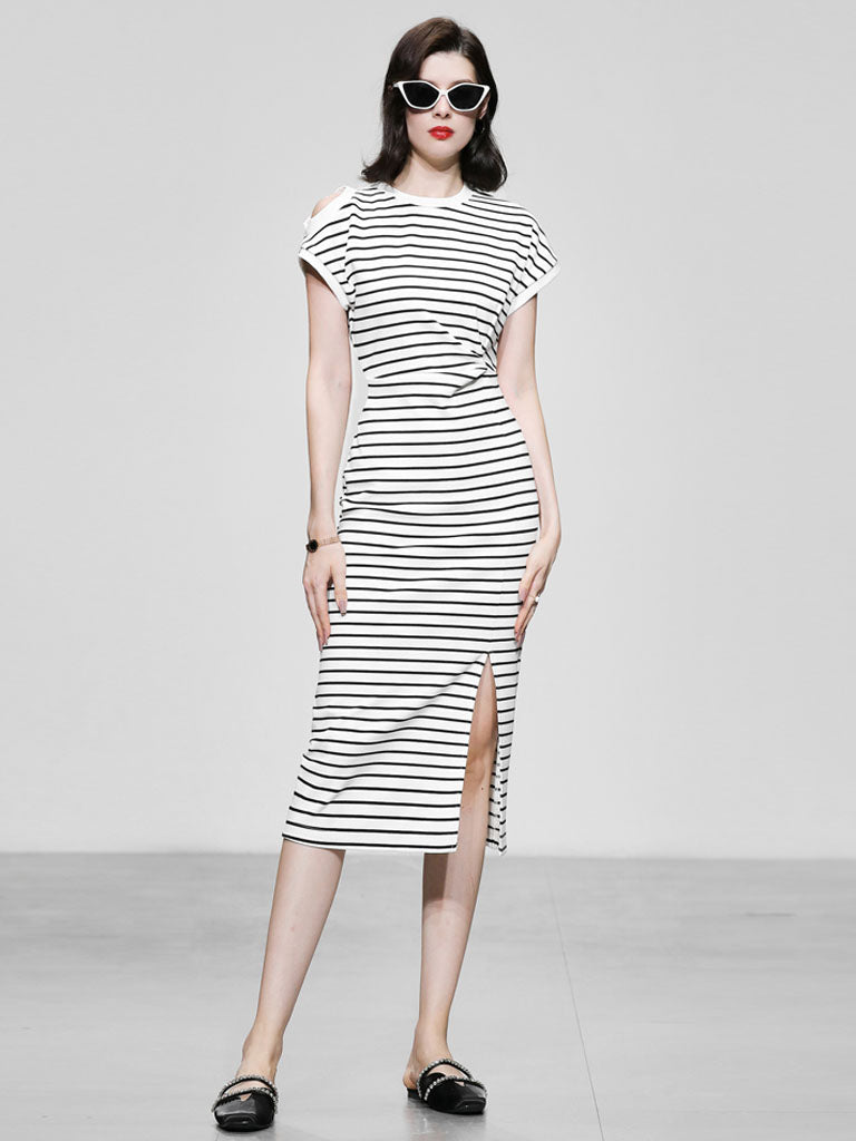 Striped Crew Neck Slit Casual Bodycon Dress
