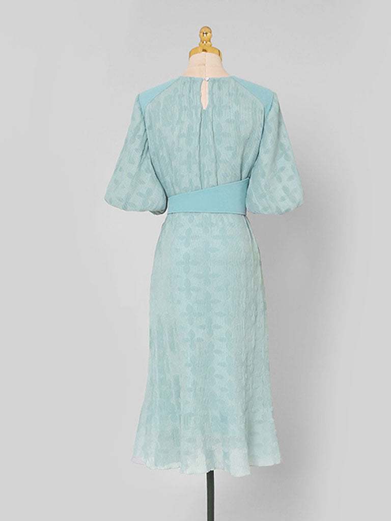 Green Crew Neck Toothpick Pleated Jacquard Fabric Puff Sleeve Vintage Dress