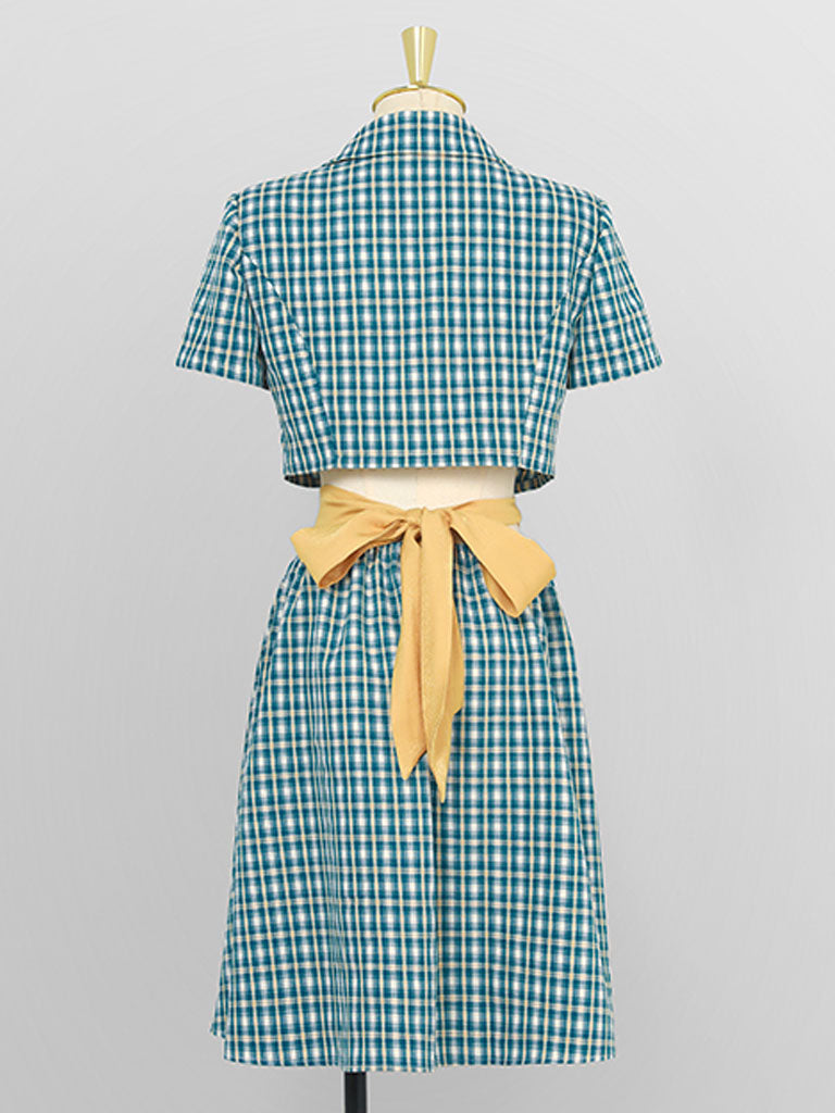 Blue Plaid Short Sleeve Waist Back Waist Hollow Bow Dress
