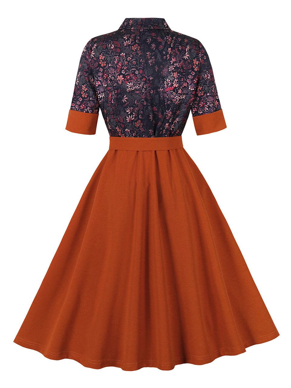 1950s Brown Floral Print Plaid 3/4 Sleeve Vintage Swing Dress