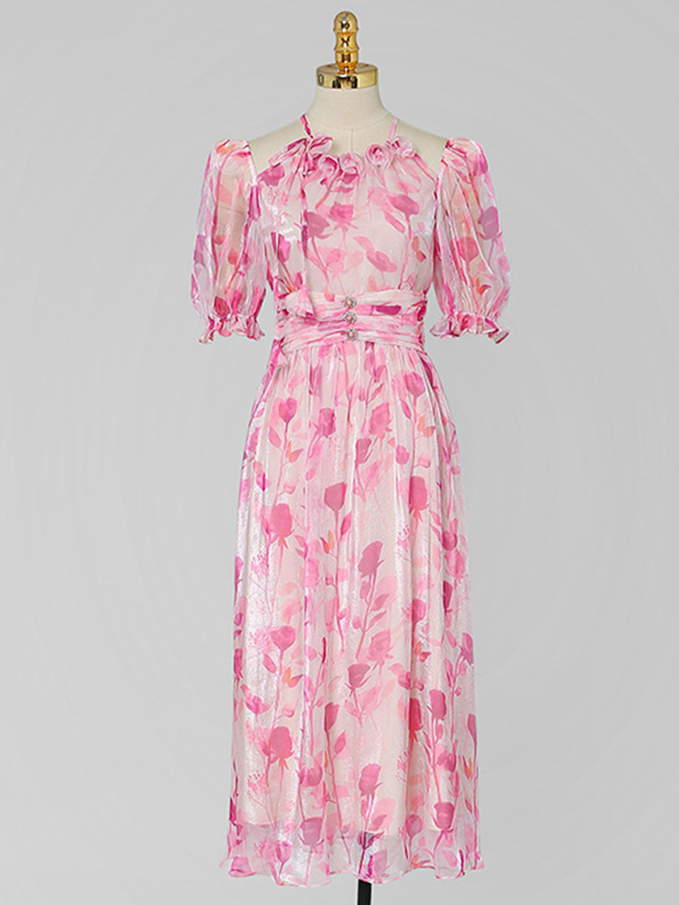 Pink Floral Print Ruffles 1950S Chiffon Vintage Dress