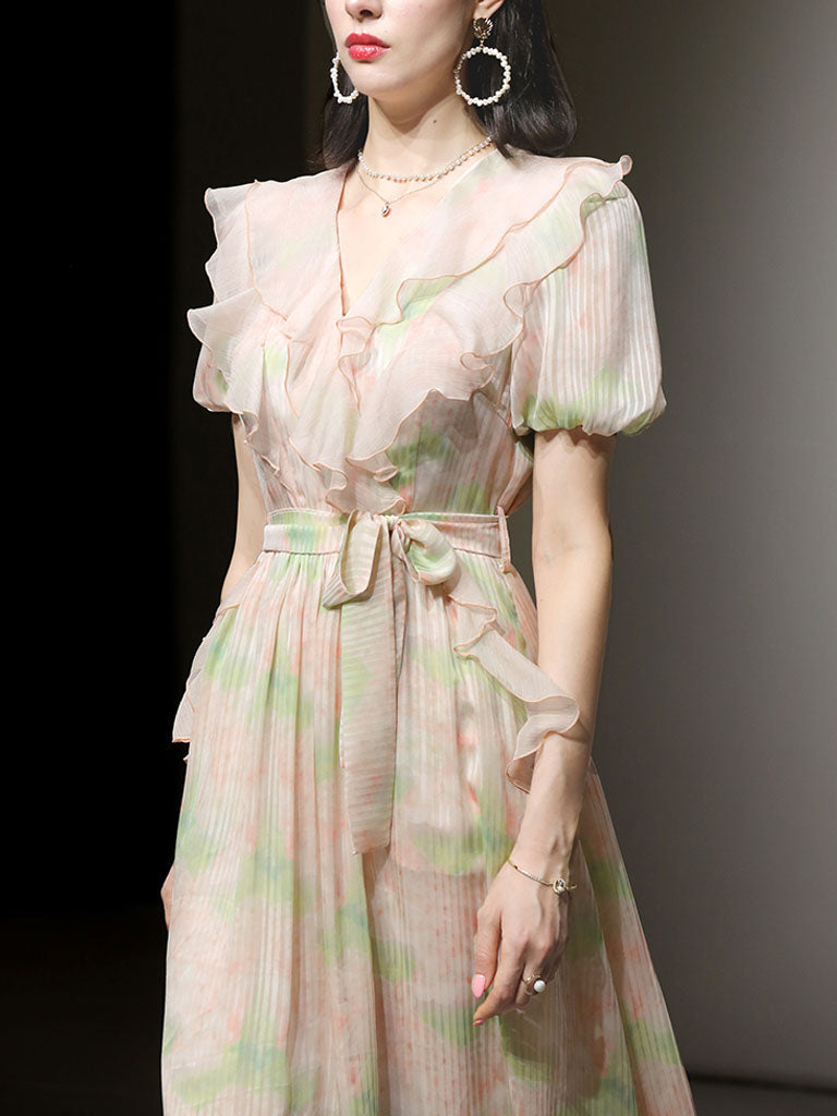 Pink Ruffles Collar Floral Frint Puff Sleeve 1950S Vintage Dress
