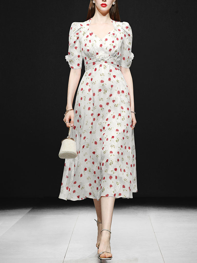 Pink Rose Floral Chiffon Vintage Style 1950S Dress