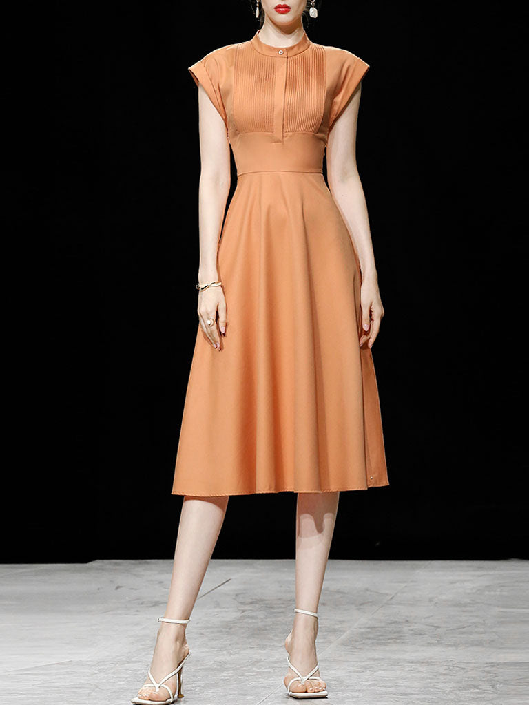 Orange Pleated Cap Sleeve Audrey Hepburn Style 50S Dress