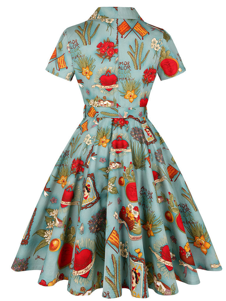 1960S Green Portrait Painting Swing Vintage Dress
