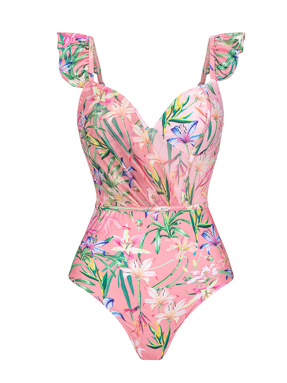 Pink Lace Ruffles Flowers One-piece Swimsuit