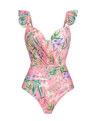 Pink Lace Ruffles Flowers One-piece Swimsuit