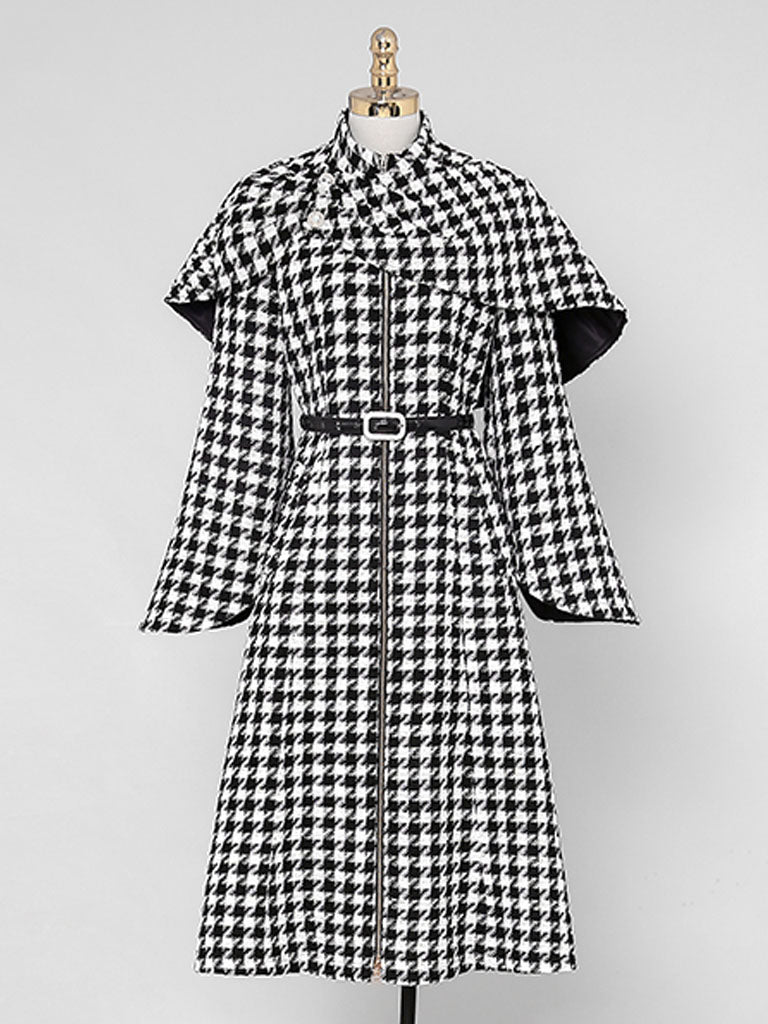 2PS Stand Collar Flared Sleeve  Houndstooth Wool Coat
