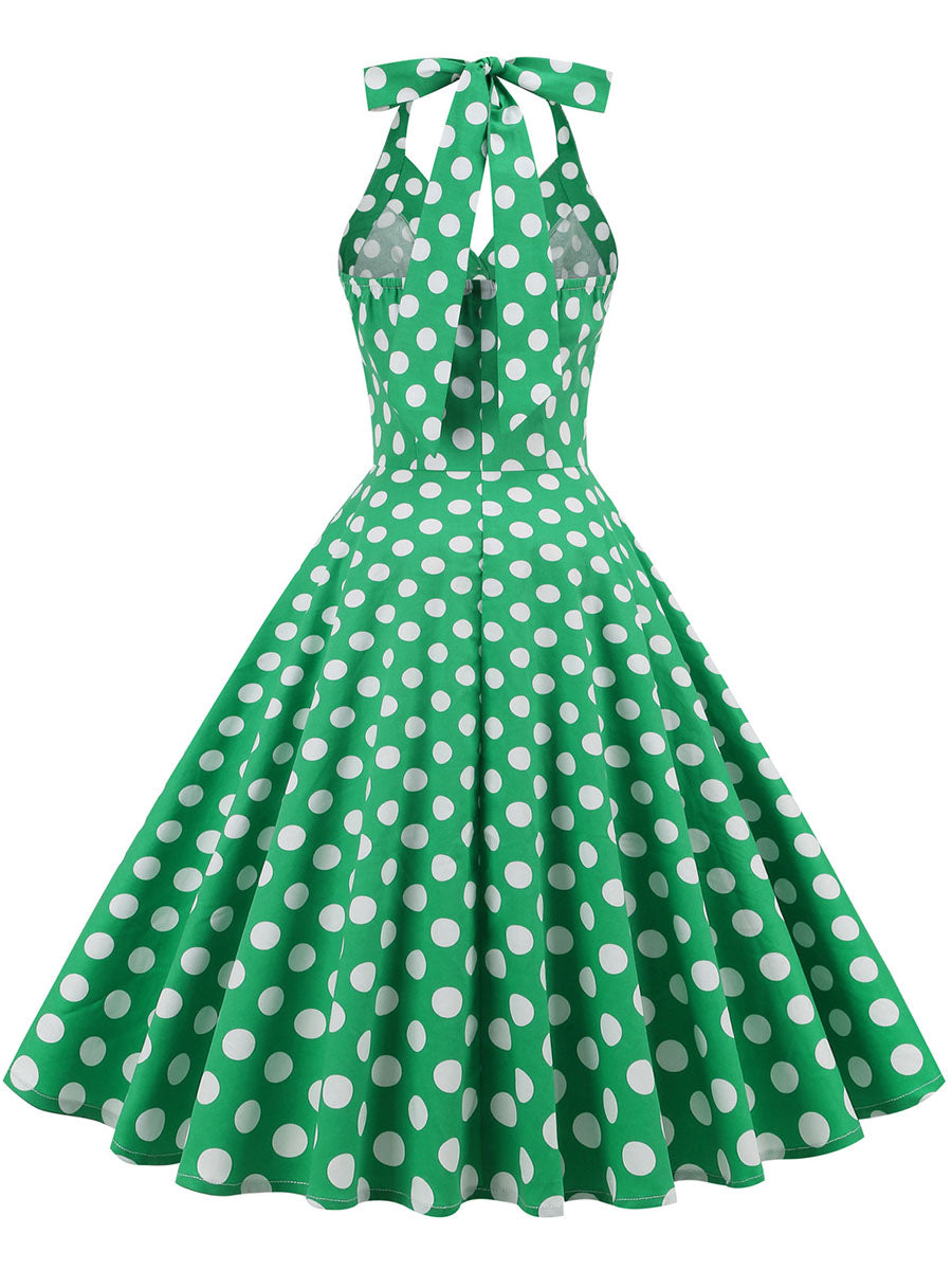 Green And White Polka Dots Pockets Vintage Halter 1950S Dress