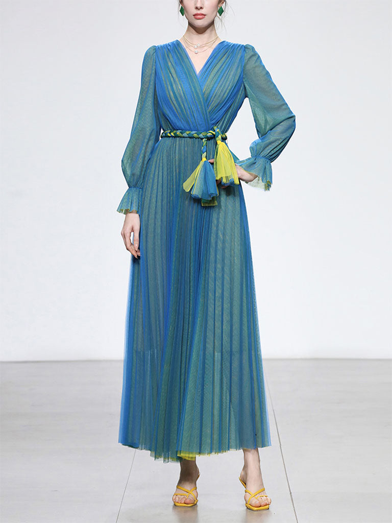 Blue V Neck Lantern Sleeve Pleated Fairy Dress