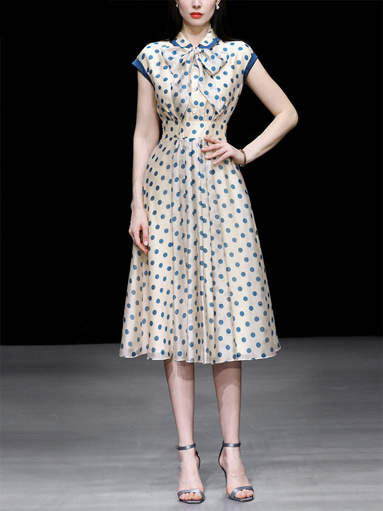 Blue Polka Dots Bow Collar 1950S Vintage Dress