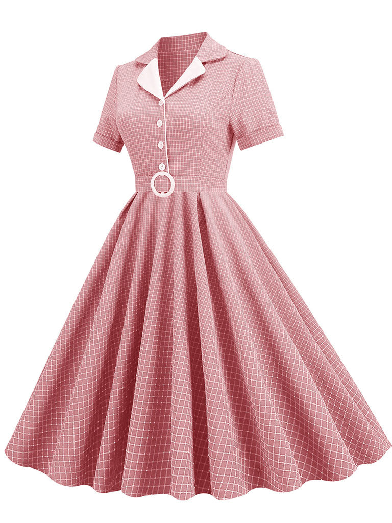 Green Plaid Turn Down Collar Short Sleeves 1950S Vintage Shirt Dress