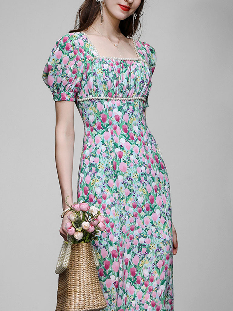 Blue Tulip Print Pearl 1950S Vintage Dress