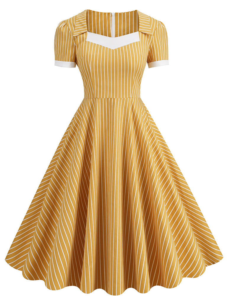 Square Collar Stripe 1950S Vintage Dress