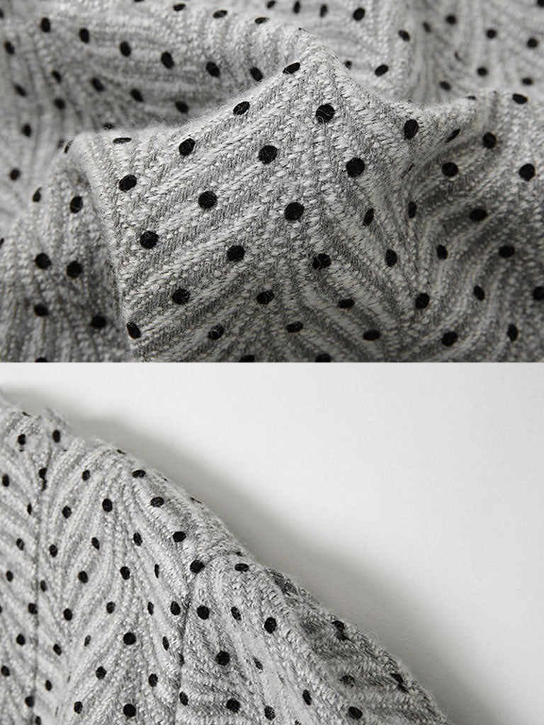 Light Grey V Neck Polka Dot Woolen Coat