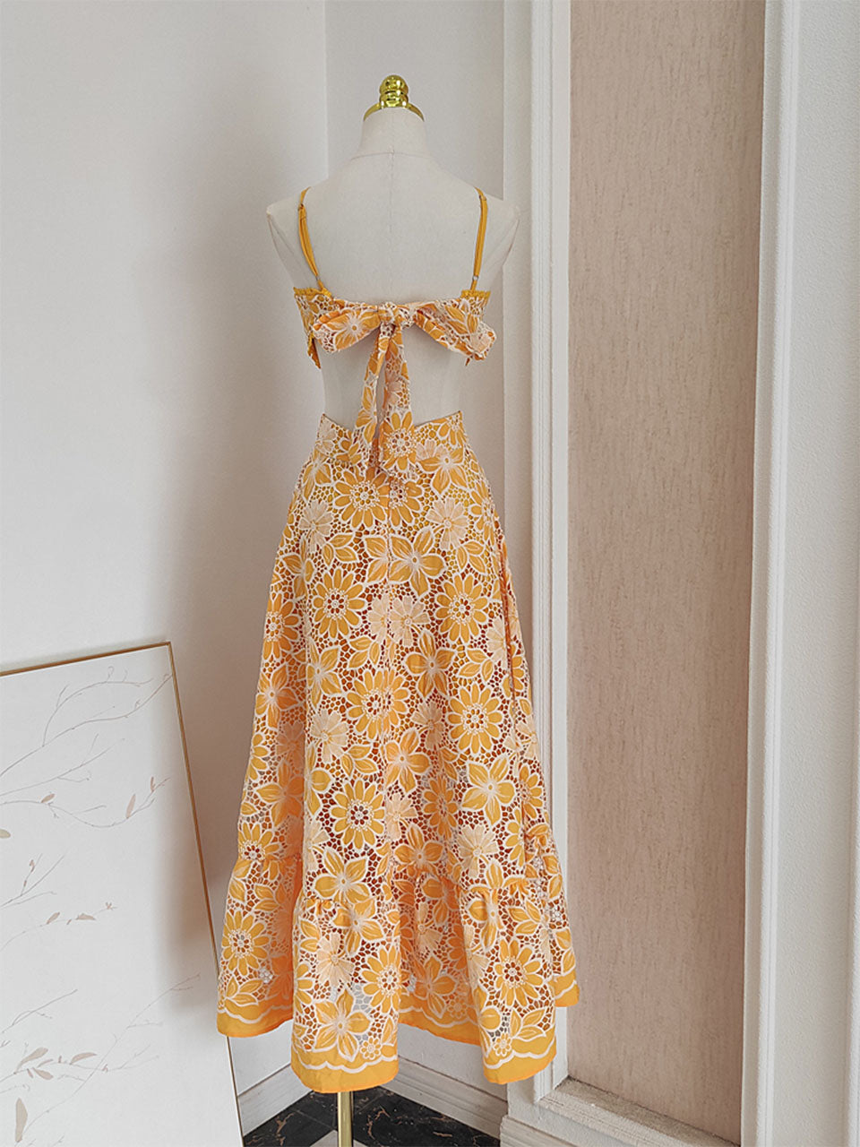 Yellow Lace Flower Halter Backless Swing Dress