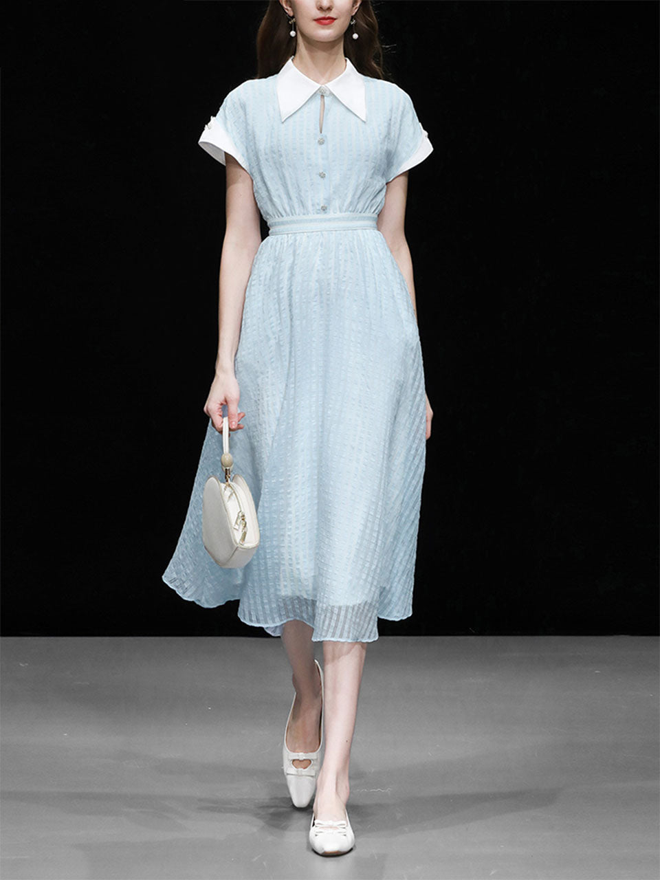 Blue Turndown Collar Retro Cap Sleeve 1950S Vintage Dress