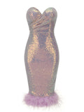 Purple Sweet Feather Hem Sequin Strapless Bodycon Gown Party Dress