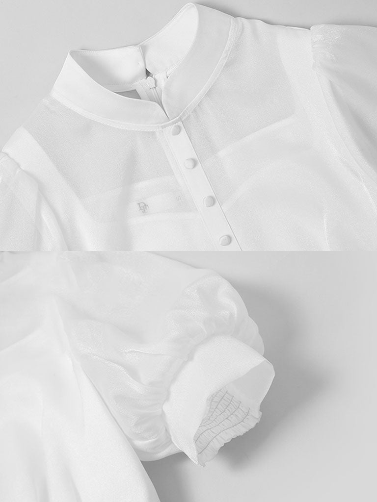 White Stand Collar Puff Sleeve Princess Mermaid Organza Dress